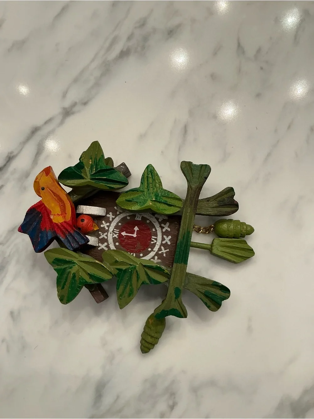 Hand-Painted Miniature Wooden Bird Cuckoo Wall Decor in Green & Red